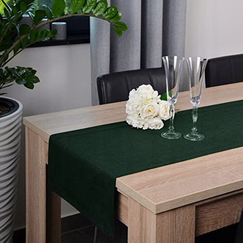 DECOOR Tischläufer Tischdecke abwaschbar 40x200 cm eckige Tischwäsche aus Stoff in Leinenoptik 220 g/m² schmutzabweisend wasserabweisend matteTischtuch mit dekorativer 5 cm Bordüre Dunkelgrün