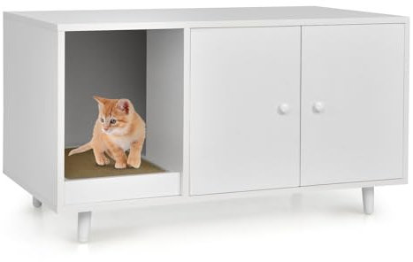 LIFEZEAL Armoire 2 en 1 pour Chat avec Griffoir, Table Basse avec Maison, 2 Portes et Pieds Relevés, Bac à Litière, Niche, Marron (Blanc)