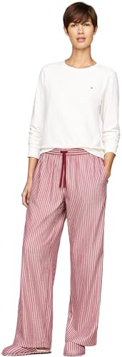 Tommy Hilfiger Damen Pyjama-Set Flannel Pants & Slipper Warm, Mehrfarbig (Ivory/Pinstripe Rouge), L