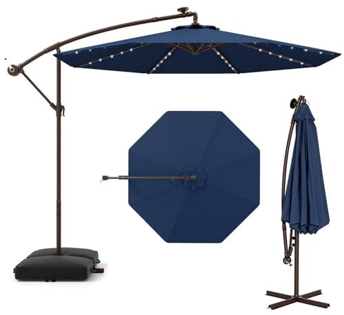 RELAX4LIFE Ombrellone da Giardino 3x3M con Luci a LED, Ombrellone da Balcone con Base a Croce e Sacco di Sabbia, Protezione Solare, per Giardino Terrazzo e Patio (Navy)