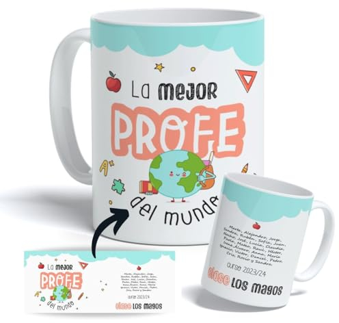 DEREGALOOS Taza Personalizada con nombre para Profesores. Tazas de Desayuno personalizada Profesores. Regalo Original para Profes. Regalos Profes Navidad. Regalo fin de curso. La Mejor Profe.