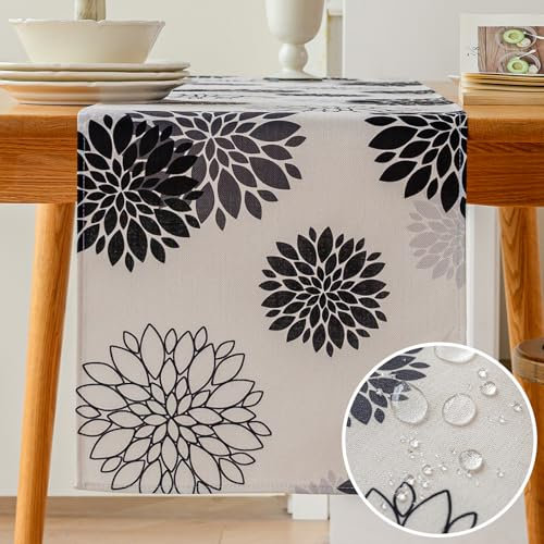 Vorysum Tischläufer Modern Blumen Schwarz Dahlien Tischläufer Wasserabweisend Leinen，Dekoration Tischdecke Outdoor Sommer Garten für Hochzeit Esszimmer Party Urlaub Dekor 33 x 120 cm