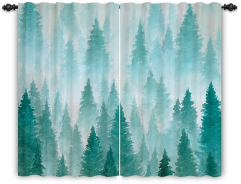 ggaimwf Nebeliger Wald Vorhang Kiefern bewölkter Berg Naturlandschaft Grünes Aquarell Abstrakte Vorhänge mit Bleistiftfalte für Wohnzimmer Schlafzimmer Raumteiler Fenstervorhang 135x229cm 2 Paneele