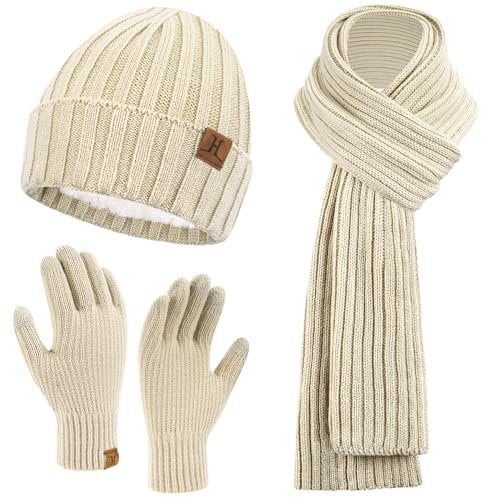 ZASFOU Herren Winter Mütze Schal Touchscreen Handschuhe Set Thermo Beanie Wintermütze Strickmütze Winterschal Winterhandschuhe Geschenk für Männer