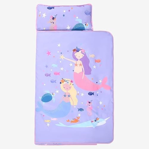 Schlafsack Kinder Doppelter Reißverschluss Weich Warm, Faltbare Kinderschlafsack mit Kissen Abnehmbar für Mädchen Jungen, Leicht Reinigen Schlafsack für Outdoor Indoor Camping (Mädchen des Meeres)