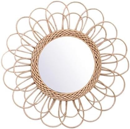 MIATTCLD Runder Rattan Wandspiegel, Boho Spiegel Wanddeko 40cm, Wandbehang Spiegel Dekor für Schlafzimmer Wohnzimmer Esszimmer