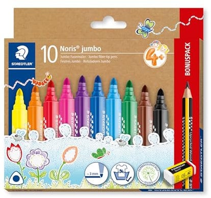 STAEDTLER Noris jumbo 328-B dreikantiger jumbo Fasermaler, ergonomischer dicker Schaft, attraktive Sternchenprägung, Kartonetui mit 10 Fasermalern, Promotion, 328-B C10P
