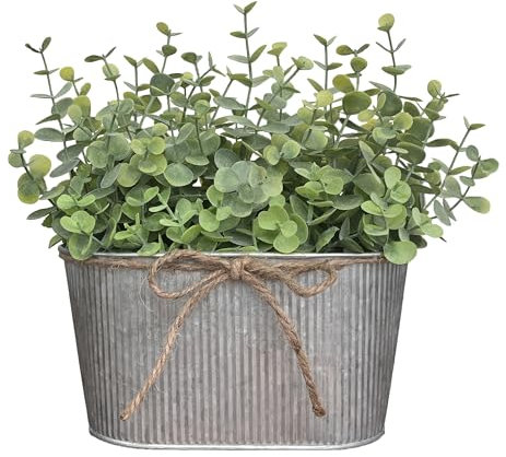 HOPEME Eucalyptus artificiel dans un pot rectangulaire en métal avec corde de jute décorative – Eucalyptus réaliste en pot pour décoration rustique de maison et de bureau