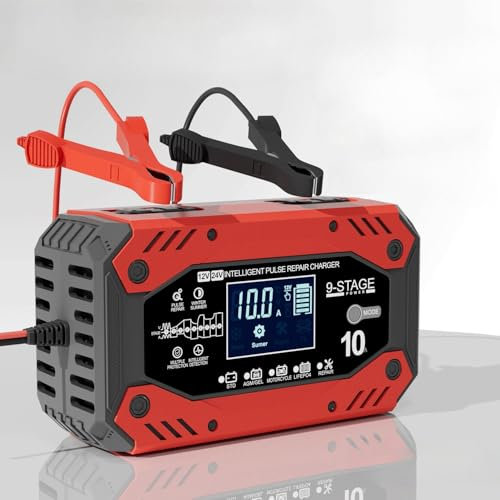 10A Autobatterie Ladegerät, 12V/24V 10A Vollautomatische KFZ Batterieladegerät mit LCD Touchscreen, Temperaturkompensation Reparaturmodus, Vollautomatisches Ladegerät für Motorrad, Auto, Rasenmäher