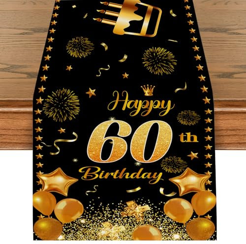Tischläufer 60 Geburtstag Schwarz Gold Happy 60th Birthday Tischband zum 60. Geburtstag Mann und Frau Ihr Geburtstag Jahrestag Feier Party Dinner Tischdeko Tischdecke Deko für Zuhause 180x35cm
