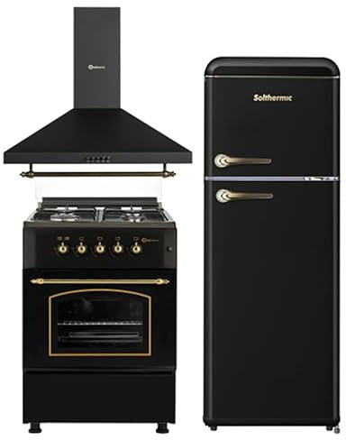 SOLTHERMIC PACK NEGRO RUSTICO ACABADOS DORADOS COCINA F6S40G2 GAS CON HORNO 4 FUEGOS + CAMPANA DECORATIVA 60 CM H60PR + FRIGO 2P RETRO a F2PR147N DE 1,47 cm alto x 55 ancho y 220L