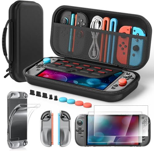 Zubehör für Nintendo Switch 2 2025, Tragbare Tasche mit 2 HD-Panzerglas (7,9 Zoll), TPU-Schutzhülle, Staubstöpsel-Kit, 4 Daumengriffe - Switch 2 Zubehör Bundle