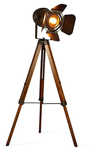 DUIRHNFV Do The Old Wooden Black Wrought Iron Finish Standing Lamp Floor Lamp,Vintage Tripod Design Theatre Stage Search Spot Floor Light, for Living Room Bedroom Office Reading,