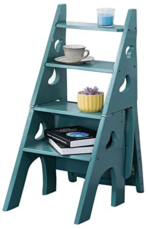 Multi Purpose 4 Step Wooden Folding Ladder Stool Foldable Chair for Library Kitchen Office Bookshelf Plant Stand Indoor Climbing Steps