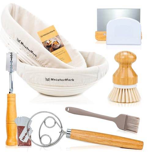 MeisterMark® Gärkörbchen 2er-Set – Rund & Oval Gärkörbe aus 100 % Rattan zum Brotbacken inkl. Brotbackzubehör: Leinentuch, Teigschaber, Schneebesen, Bäckermesser, Reinigungsbürste & Backpinsel