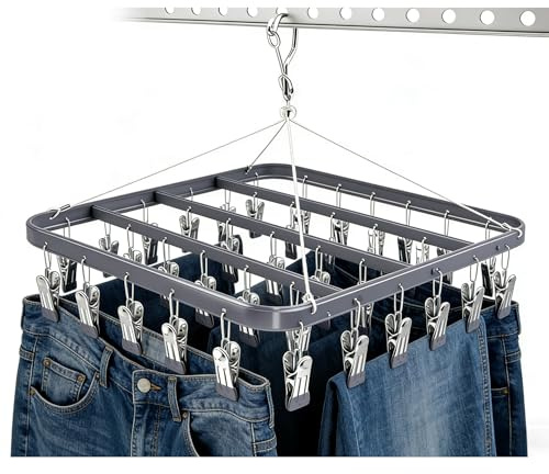 trrcylp Wäscheständer aus Metall mit 36 Clips, winddichter Haken, Faltbarer Wäscheklammer für Socken, BHS, Unterwäsche Kleiderbügel (Grau)