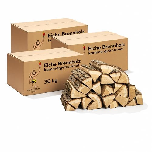 Neandertaler Feuer Brennholz Eichenholz Kaminholz - Grillholz 25 cm 90 kg | Hartholz Eichen Feuerholz | Holz für Grill Kamin Smoker Ofen | Firewood (90 kg)