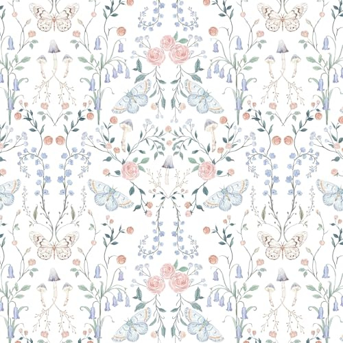 Fiula Selbstklebende Tapete Klebefolie Möbel 44CMx10M Möbelfolie Blumentapete Weiß Wandtapete Wasserdicht Blumen Rosa Dekorfolie Klebetapete Wallpaper für Schlafzimmer Wohnzimmer Blau