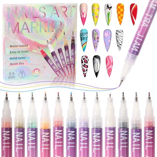 LALASTYLE 12 Colors Nail Art Pens Set, Fine Tip 0.5mm Quick Dry Nail Polish Markers for DIY Gel Nails, Professional Drawing Painting Dotting Liner Pen for Home & Salon Manicure Tools