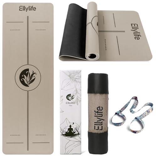 Yoga Matte Rutschfest Dick, Naturkautschuk + Eco TPE/PU, Ausrichtungslinien | Hautfreundliche, Ultra Grip, Einzigartiges Design, inklusive Tragegurt, für Yoga, Pilates, Fitness, Home Workout