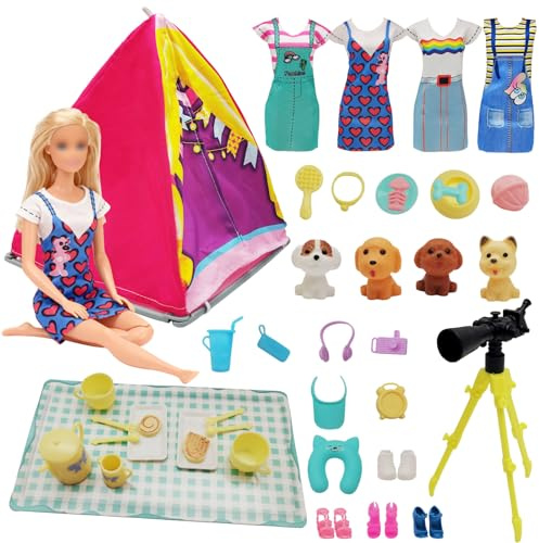 Puppen Camping Spielset für 11,5 Zoll Mädchen Puppen, 1 Zelt 4 Puppenkleidung 4 Hunden 1 Teleskop Camping Zubehör Outdoor Ausrüstung für Kinder Geschenk, Spielzeug ab 3 Jahre