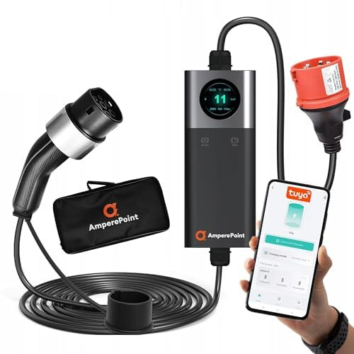 Ampere Point Mobile Wallbox 11 kW 16A Typ 2 Ladestation, Einstellbare Ladeleistung 6-16A, 6 m Ladekabel, CEE 16A Stecker, Tragbares EV-Ladegerät mit LCD-Display, WLAN & App-Steuerung, Tragetasche