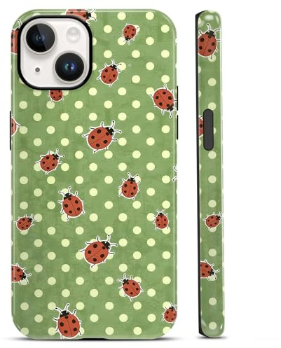 Yoedge Phone Case for iPhone 13/iPhone 14 6.1'', Cute Green Polka Dot Ladybug Y2K Kawaii Coquette Case, Shockproof 2-in-1 Double Protective Cover for Women Girls
