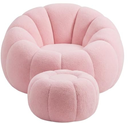 Pumpkin Bean Bag Chair with Footstool, Giant Floor Sofa with Ergonomic Backrest, Soft Flannel Lounge Seat for Living Room Bedroom, 95cm Wide Support for Teens and Adults Rosa