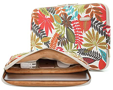 KAYOND Forest Series Pattern Water-resistant 14 inch Canvas laptop sleeve with pocket for 14 inch 14.1 inch laptop case Macbook Pro 15.4 A1707 A1990 (14-14.1 inch, white)