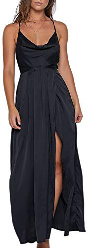 Yimeili Robe longue en satin pour femme - Col en V - Dos nu - Pour cocktail, fête, mariage, Col bénitier noir, Taille M