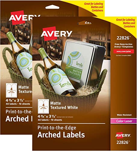 AVERY Arched Wine Labels for Laser Printers Only, Water Resistant, 4.75 x 3.5, 80 White Labels (2 Pack)