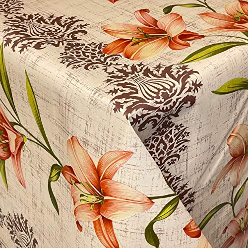 KEVKUS Wachstuch Tischdecke 01563-01 Lilien floral Blumen Blüten Ornamente beige Blätter eckig rund oval (Rand: Schnittkante (ohne Einfassung), 100 cm rund)