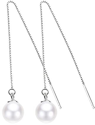 Perlen-Ohrstecker-Ohrringe für Frauen, Zieher aus 925er Sterling-Silber, lange hängende Ohrringe, Perlen-Anhänger-Ohrringe mit glänzenden Kugeln und 10-mm-Perlen, Geschenk für Frauen und Mädchen