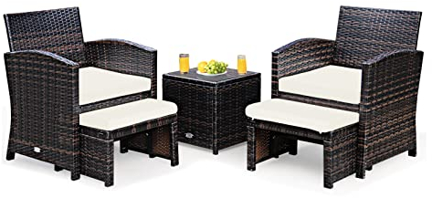 GOPLUS 5tlg. Balkonmöbel Set, Polyrattan Gartenmöbel Set mit Ottomanen, Gartenlounge mit Beistelltisch, Balkonmöbel Kleiner Balkon, Terrassenmöbel Sitzgruppe, Sitzgarnitur (Weiß)