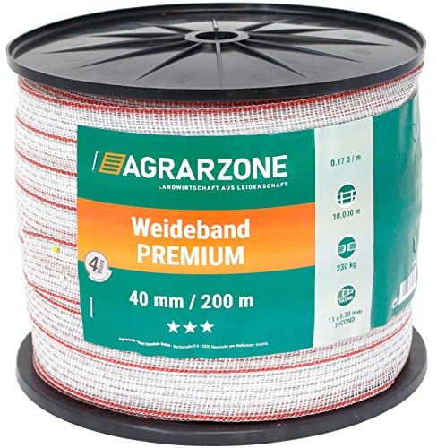 Agrarzone Weidezaunband Premium 200m, 40mm, weiß-rot | 11x0,30 TriCOND-Leiter für ausgezeichnete Leitfähigkeit am Elektrozaun | Stabiles Weidezaun-Breitband für Schaf-, Rinder- & Pferdezaun