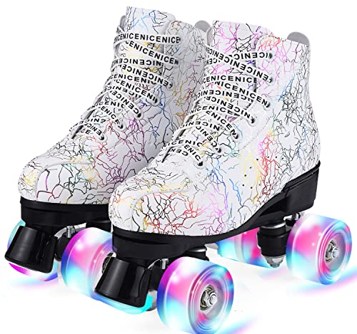 Damen Klassische Retro Rollschuhe,Rollschuhe mit Vier Rollen in Doppelreihe,Classic Roller, Rollschuhe für Kinder,LED Rollschuhe, ideal für Anfänger, komfortable Roller-Skates (Weiß-1, 39)