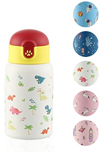 Autsel Kids Water Bottles with Straw 400ml Insulated Stainless Steel Dinosaul Water Bottle BPA-Free Reusable Metal Water Bottle with Protective Case for Girls and Boys Keep 6h Hot & 12h Cold