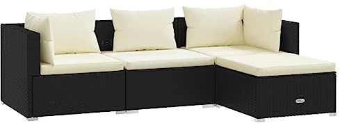 vidaXL Gartenmöbel 4-TLG. mit Kissen Mittelsofa Ecksofa Fußhocker Sitzgruppe Sofa Lounge Garten Garnitur Gartensofa Gartenset Poly Rattan Schwarz
