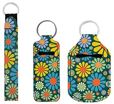 Xoenoiee 3 Stück Reiseflasche Schlüsselanhänger Hand Desinfektionsmittel Halter Set mit Chapstick Halter & Handgelenk Lanyard Schlüsselanhänger, Hippie-Blumenblüten, One size