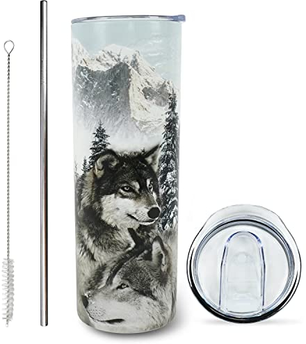 muanns Wolfsliebhaber-Geschenke – Wolfsbecher mit Deckel und Strohhalm – isolierte Edelstahl-Kaffeetasse Wasserflasche – 590 ml Becher mit Wölfenmotiv