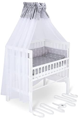FabiMax Baby Beistellbett für Boxspringbett, TÜV geprüft 2022, inkl. Matratze und Komplett Set, Buche massiv weiß, Air/weiße Sterne auf grau