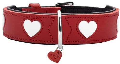 HUNTER Hundehalsband Love, Farbe: rot/schwarz, weiches, Robustes Rindsleder, einzeln eingenähte Herzen, handgefertigt, hoher, besonders anschmiegsam, Made in Germany, Größe 75