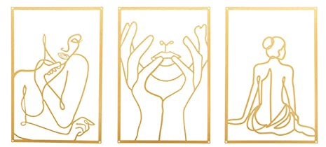 Hniuyun Metall-Wandkunst-Dekor, 3 Stück, moderne minimalistische Wanddekoration, abstrakte Linienkunst, Wanddekoration, Schlafzimmerdekoration, Wandskulpturen zum Aufhängen zu Hause (Gold)
