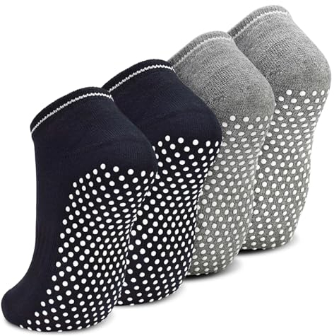 GRPSKCOS Yoga Socken für Damen, Stoppersocken Pilates Barfuß 4 Paare Antirutschsocken Rutschfeste Krankenhaus Zuhause Socken mit Noppen(02 Schwarz*2+Grau*2,35-40)