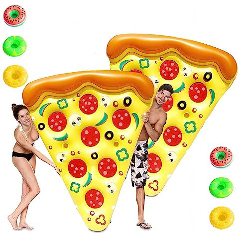 Matelas Piscine, Pizza Gonflable pour Piscine, avec 3/6 Porte-Gobelets Gonflables Matelas Piscine Gonflable pour des Enfants Et des Adultes,2PCS