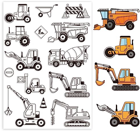 GLOBLELAND Transparente Stempel „Engineering Vehicle“ Für Die Kartenherstellung, „BAU-LKW“ Und „Schilder“, Transparente Silikonstempel Für DIY-Scrapbooking-Zubehör, Prägepapier, Kartenalbum
