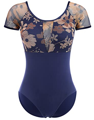 Damen Ballettanzug Ballettbody Sport Yoga Tanz Body Gymnastikanzug Trikot Kurzarm Bodysuit Blumenmuster Einteiler Mesh Turnanzug Gepolstert Rückenfrei Leotards Overall Ballett Bekleidung Dunkelblau L
