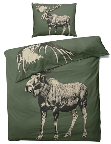 MOBEITI Elch Bettwäsche 135x200, Hirsch Wendebettwäsche, Weiche Kuschelige Mikrofaser Bettbezug Set 2teilig, 1 Kissenbezug 80x80, mit Reißverschluss -MO&356