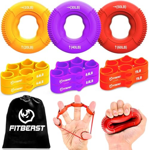 FitBeast Griffkrafttrainer, Fingertrainer, Unterarmstärker 9-teiliges Set, Gezielte Kraft Handmuskeltrainer, Entlastungs & Erholung (Rot)