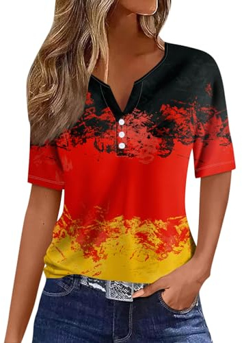 Damen Fanartikel Kurzarm T-Shirts Fussball Flagge Sport Shirts Trikot Deutsch Loose Fit Shirt für Damen Casual Fan-Outfit